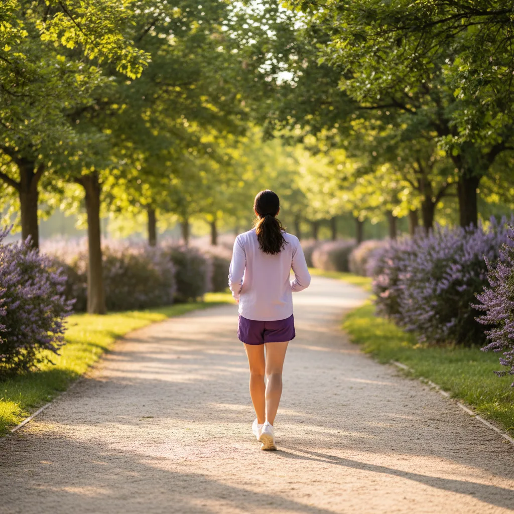 Persoon wandelt energiek in zonnig park - actieve levensstijl met dagelijks supplement