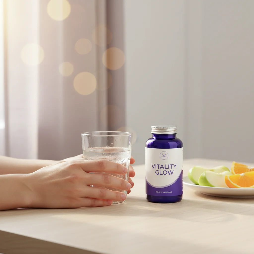 Handen houden glas water naast supplement fles op ontbijttafel - dagelijkse routine